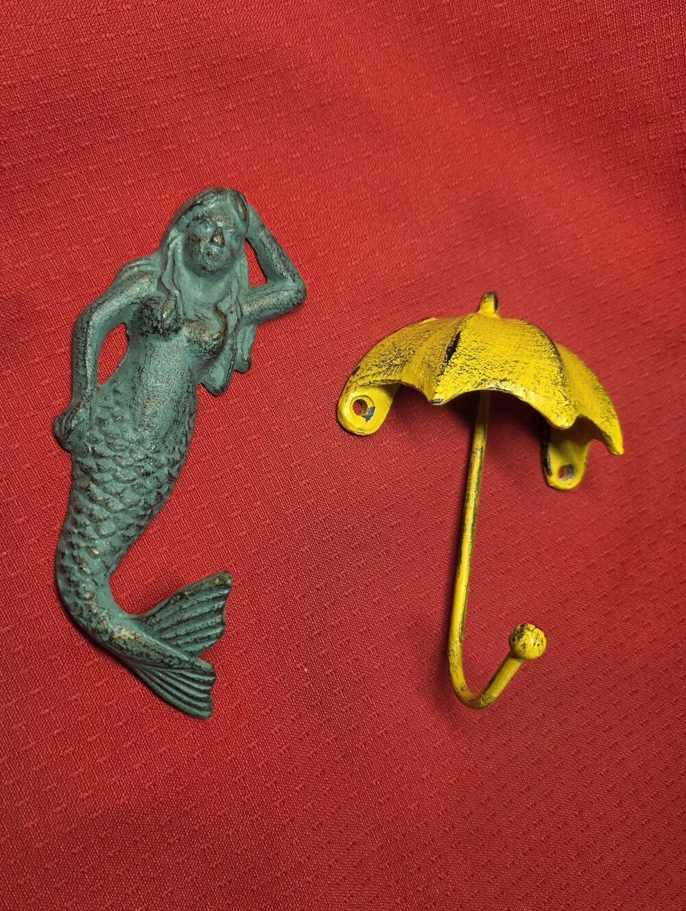 Mermaid & Umbrella Wall Hooks Cast Iron? Textured Distressed Coat Towel Hat Hook